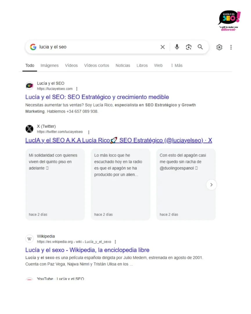 Resultados de búsqueda en Google para “Lucía y el SEO”, mostrando la web oficial, perfil de Twitter y un resultado ambiguo de Wikipedia sobre “Lucía y el sexo”.
