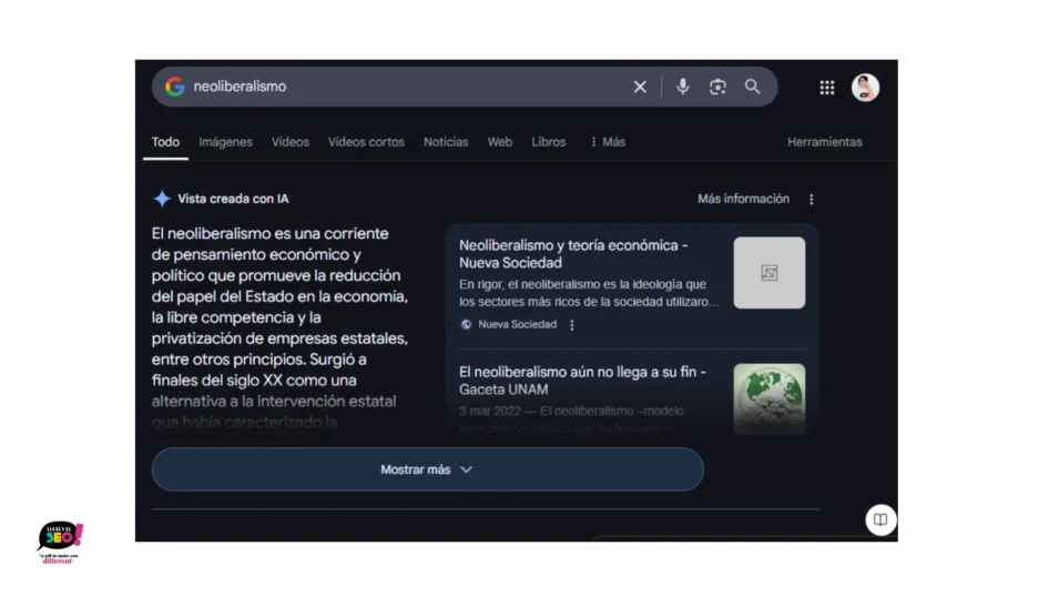 Resultados de búsqueda de Google para la palabra “neoliberalismo” mostrando una vista generada por inteligencia artificial con una definición destacada y artículos relacionados.

