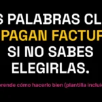 Frase destacada: "Las palabras clave no pagan facturas si no sabes elegirlas", con subtítulo que invita a descargar una plantilla para hacer keyword research estratégico