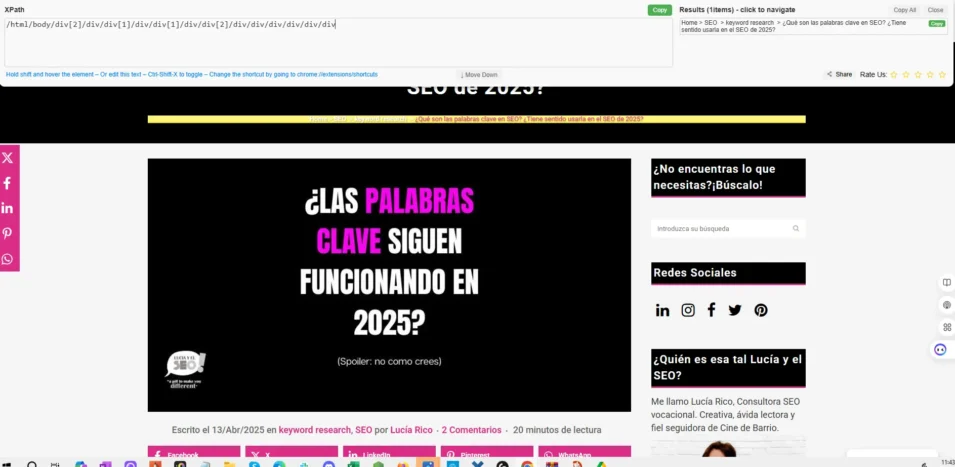 Captura del post de Lucía y el SEO sobre si las palabras clave siguen funcionando en 2025, con título visual impactante en negro y rosa

