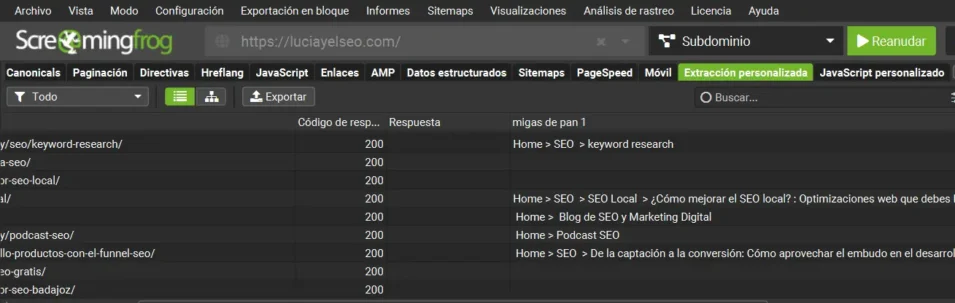 Resultados de la extracción personalizada de migas de pan (breadcrumbs) en Screaming Frog para el sitio luciayelseo.com

