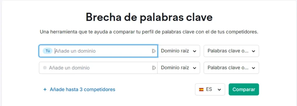 Interfaz de la herramienta de brecha de palabras clave en Semrush, usada para comparar dominios y detectar oportunidades SEO frente a la competencia