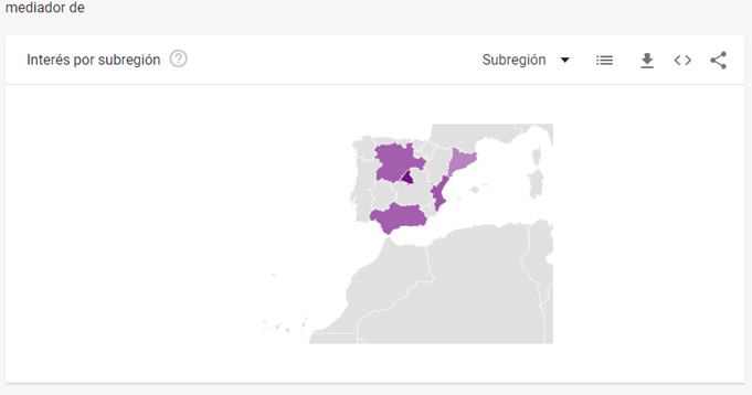 captura de pantalla de google trends mostrando el interés por región en un estudio de mercado