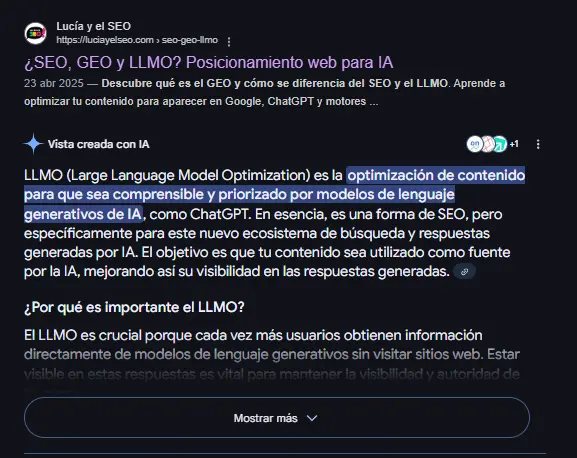 Vista previa de artículo sobre LLMO en resultados de Google, con definición destacada de optimización para modelos de lenguaje como ChatGPT