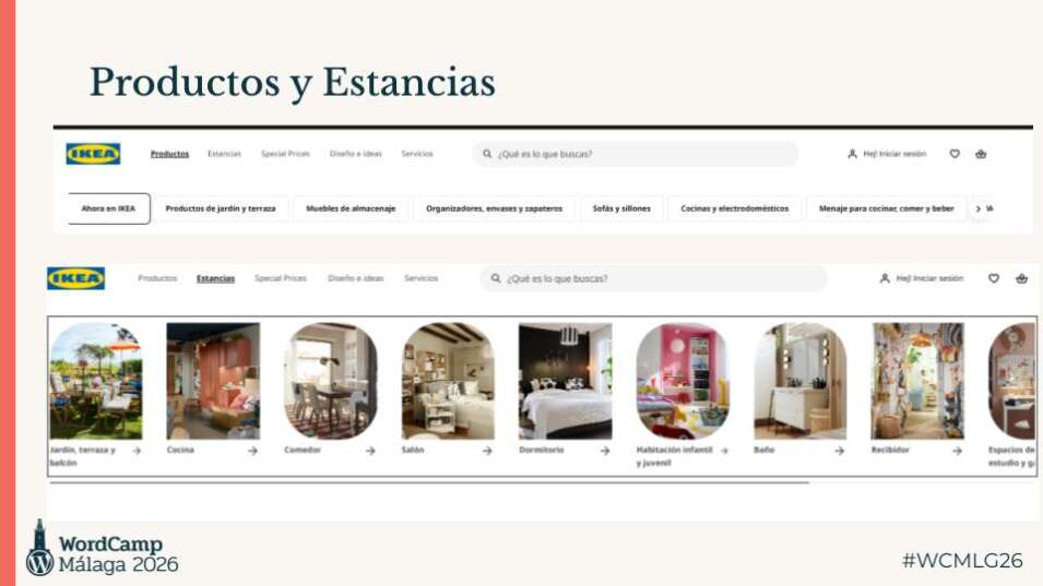 El SEO de tu eCommerce no funciona (y no es por lo que piensas) 6 Navegación de IKEA en eCommerce mostrando categorías de productos frente a navegación por estancias