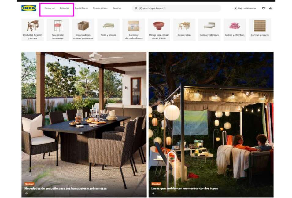 El SEO de tu eCommerce no funciona (y no es por lo que piensas) 5 Menú de navegación de IKEA con categorías de productos y estancias en eCommerce