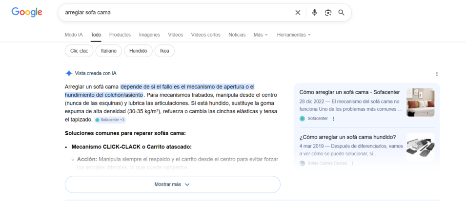 Search Ecosystem optimization 11 Captura de Google mostrando un AI Overview para la búsqueda “arreglar sofá cama”. La respuesta generada por IA ofrece soluciones resumidas, pasos accionables y enlaces a distintas fuentes externas, ejemplificando cómo Google adapta la SERP a búsquedas orientadas a resolver problemas prácticos.