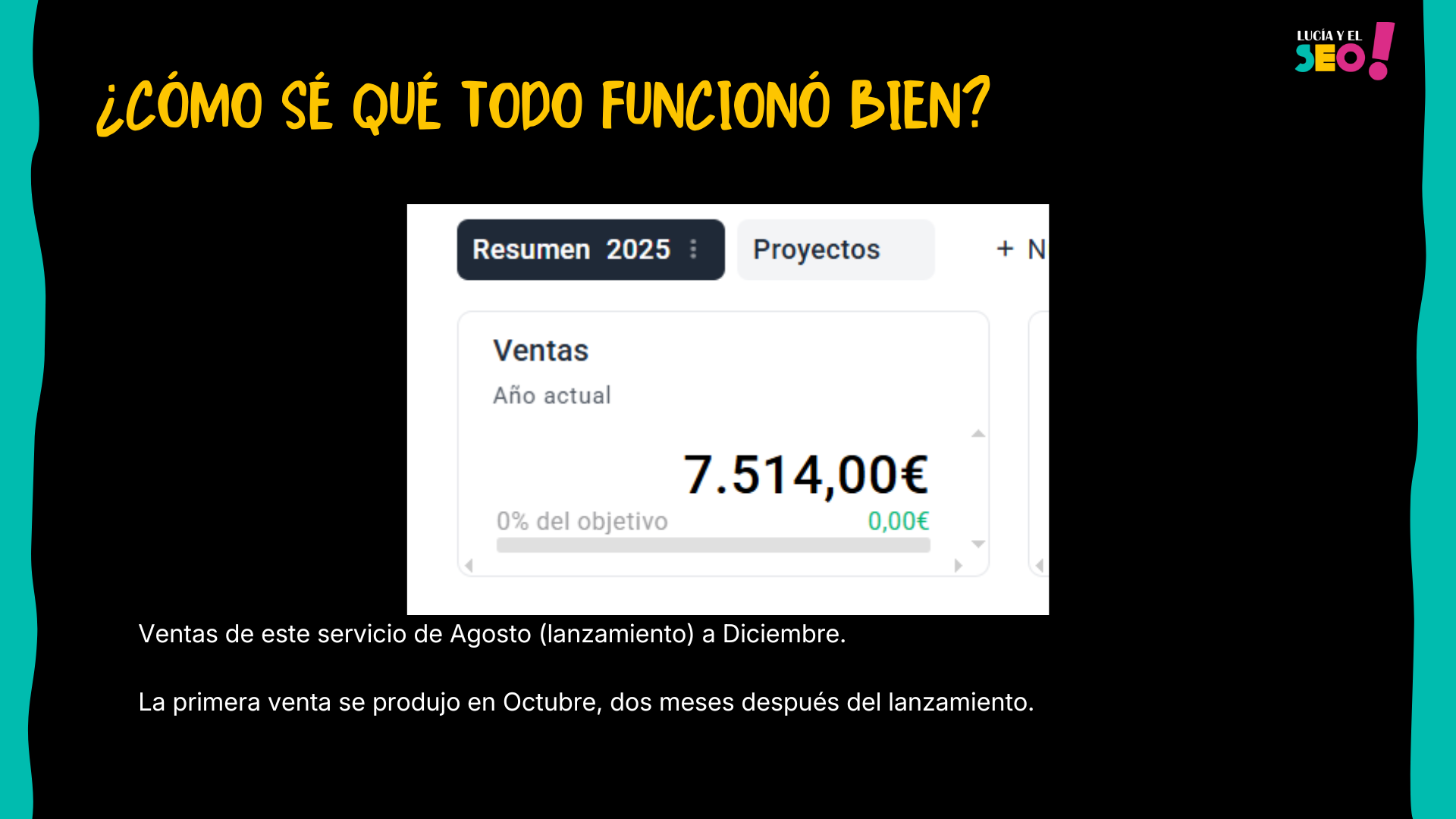 Search Ecosystem optimization 32 Captura de resultados económicos del servicio Dirección Estratégica SEO de Lucía y el SEO. La diapositiva muestra unas ventas acumuladas de 7.514 € entre agosto y diciembre tras el lanzamiento del servicio. También se indica que la primera venta se produjo en octubre, dos meses después del lanzamiento.
La imagen refuerza cómo una estrategia basada en posicionamiento, autoridad y ecosistema digital puede traducirse en negocio real y generación de ingresos, más allá del tráfico o las métricas de visibilidad tradicionales.